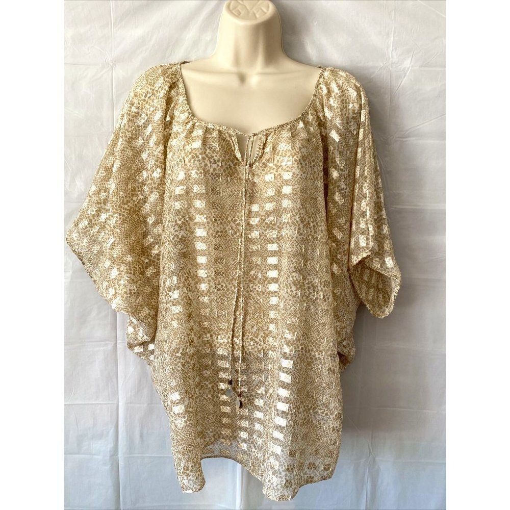 Ruby Rd Tunic Blouse Women L Bronze Sheer Dolman Boho Resort Beaded Beach Vacay